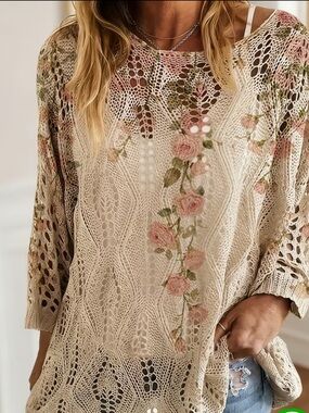 Women's Cream Crochet Floral Knit Top with Pink Roses